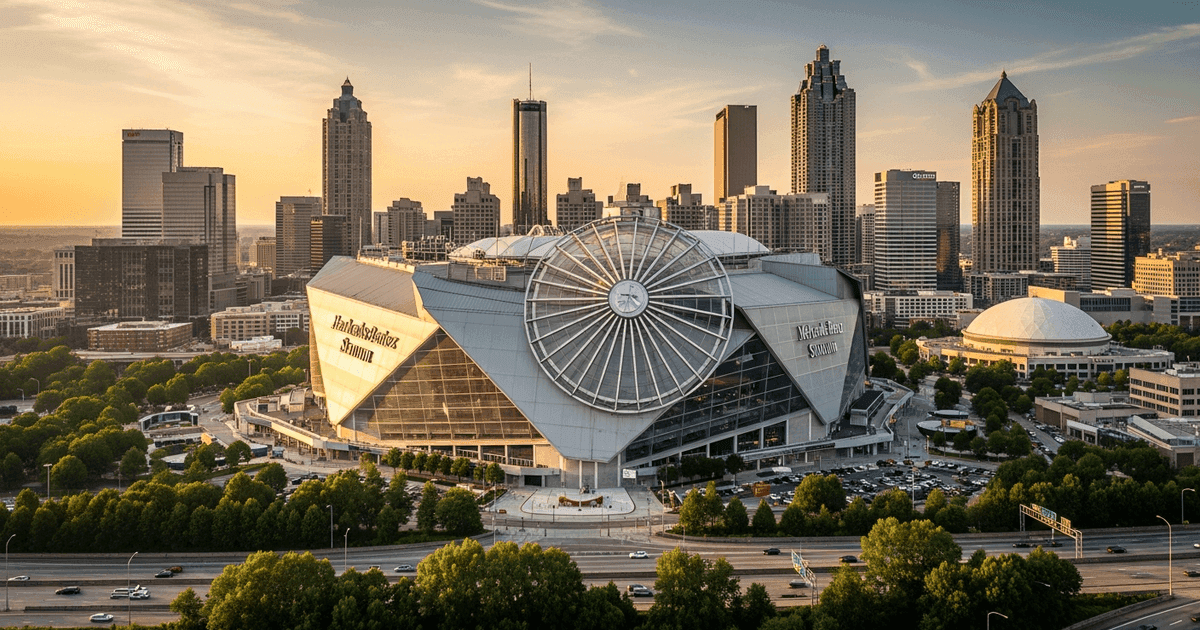 Aerial view of Mercedes-Benz Stadium in Atlanta with Atlanta skyline