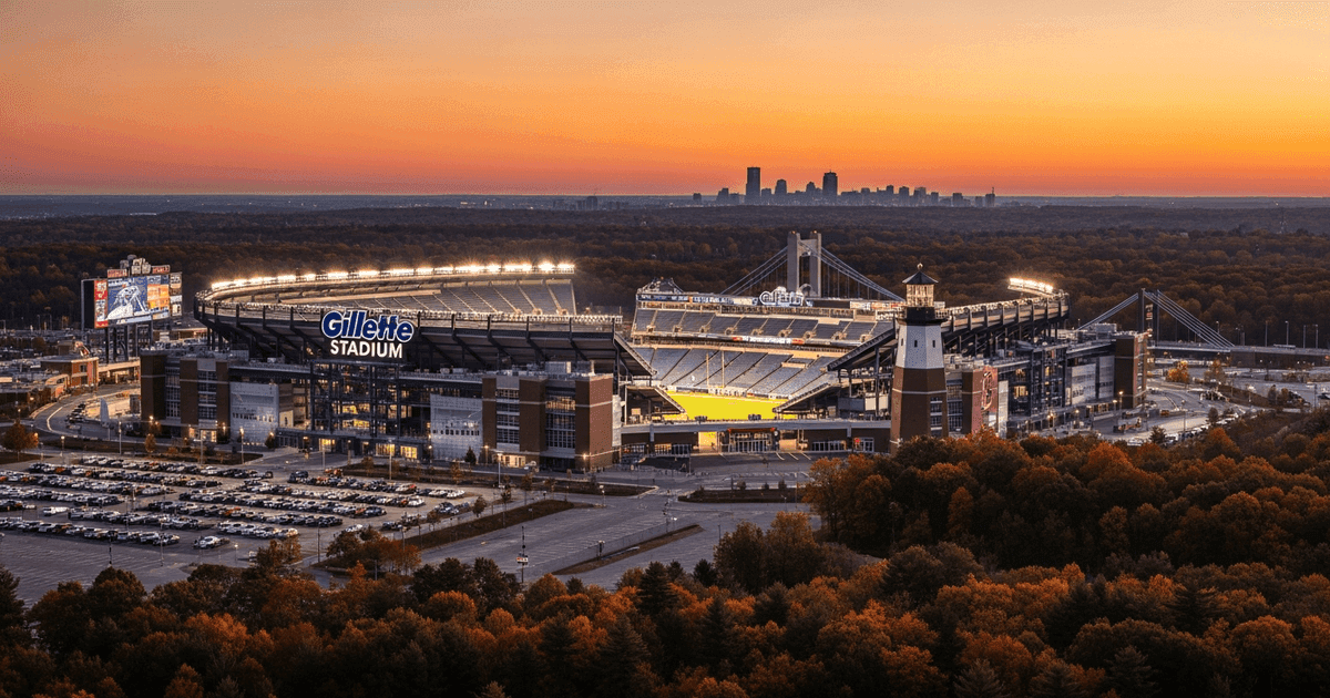 Aerial view of Gillette Stadium in Foxborough with Boston skyline
