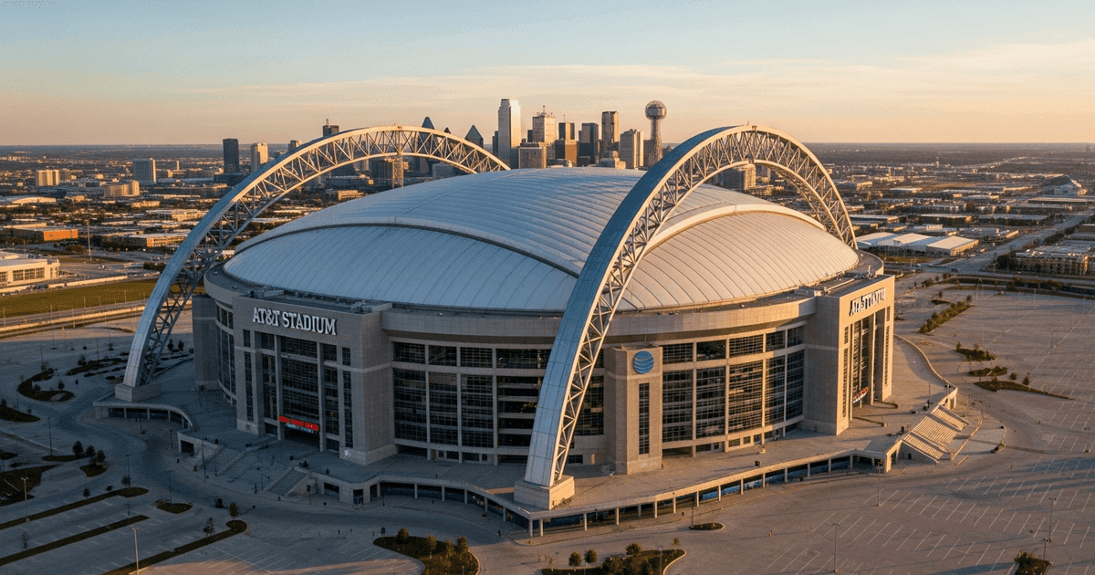 Aerial view of AT&T Stadium in Arlington with Dallas skyline