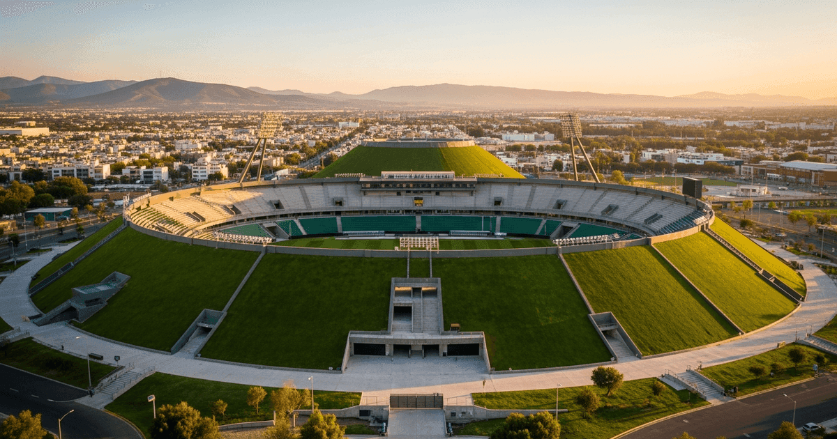 Aerial view of Estadio Akron in Zapopan with Guadalajara skyline