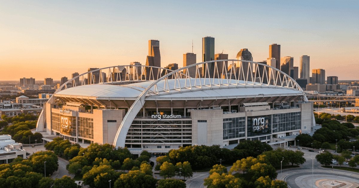 Aerial view of NRG Stadium in Houston with Houston skyline