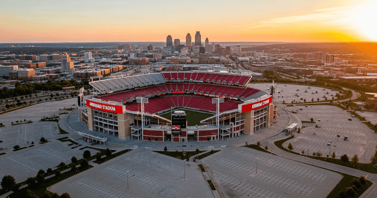 Aerial view of Arrowhead Stadium in Kansas City with Kansas City skyline