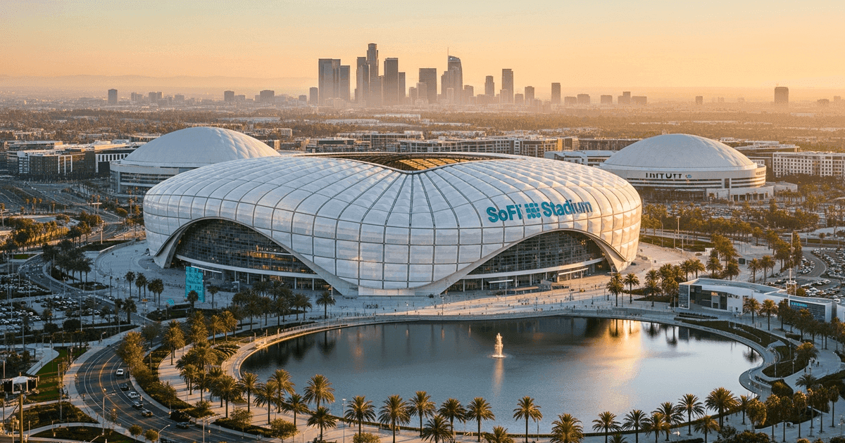 Aerial view of SoFi Stadium in Inglewood with Los Angeles skyline