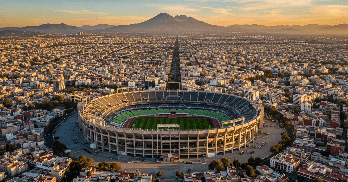 Aerial view of Estadio Azteca in Mexico City with Mexico City skyline