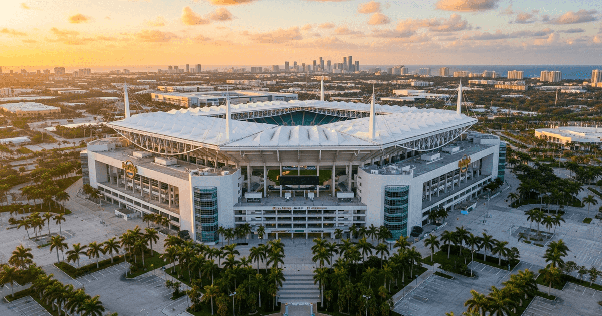Aerial view of Hard Rock Stadium in Miami Gardens with Miami skyline