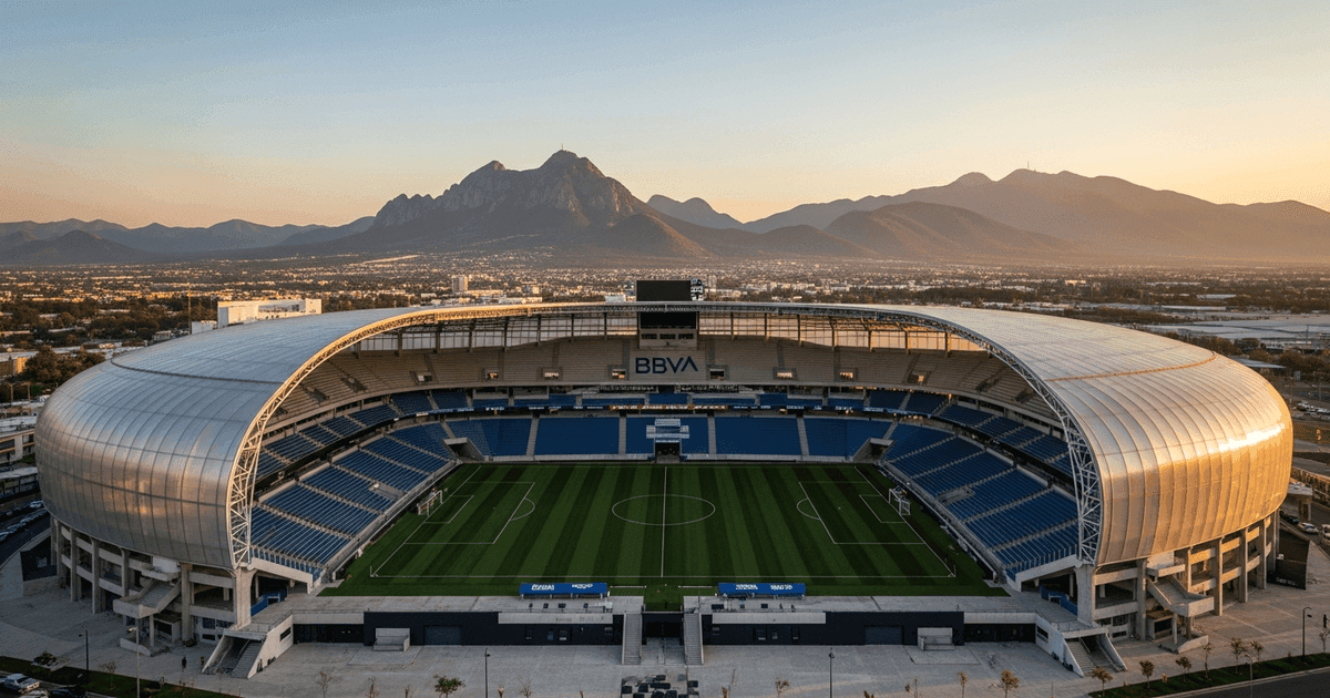 Aerial view of Estadio BBVA in Guadalupe with Monterrey skyline