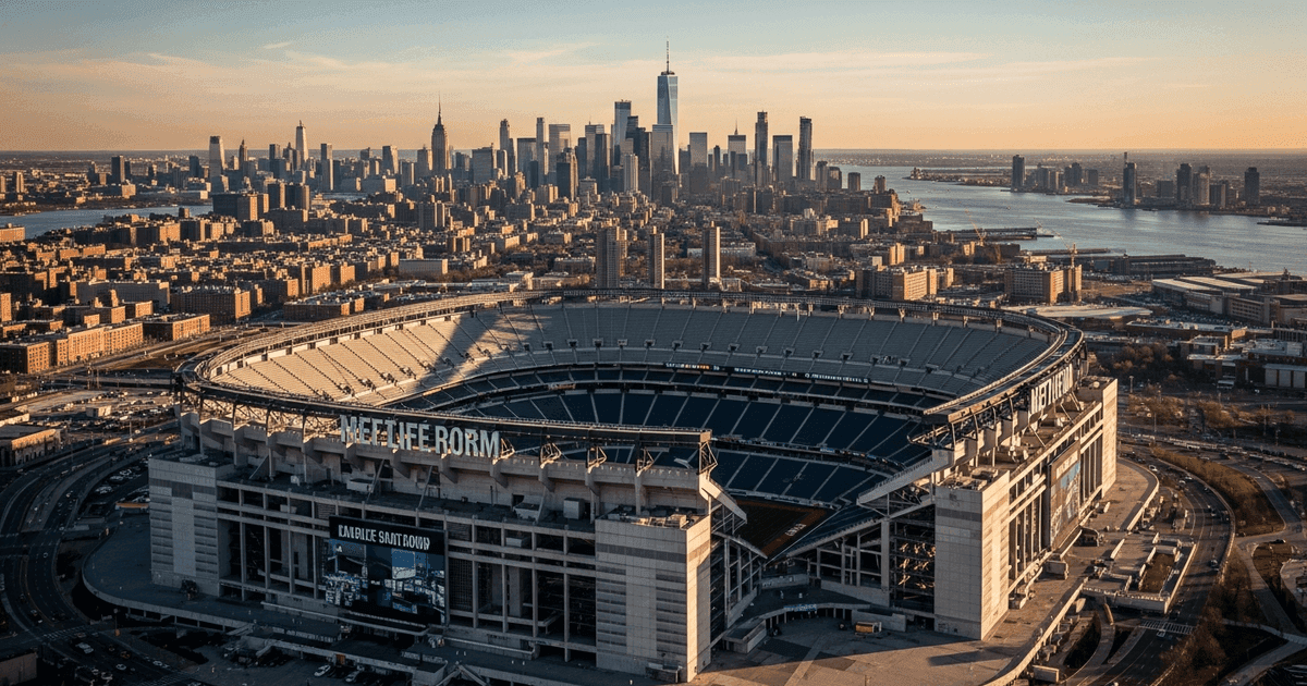 Aerial view of MetLife Stadium in East Rutherford, NJ with New York/New Jersey skyline