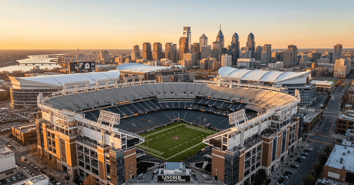 Aerial view of Lincoln Financial Field in Philadelphia with Philadelphia skyline