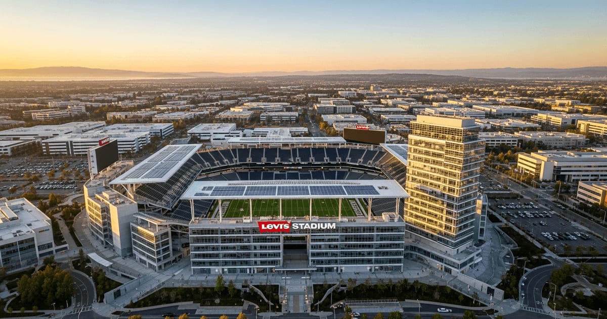 Aerial view of Levi's Stadium in Santa Clara with San Francisco Bay Area skyline