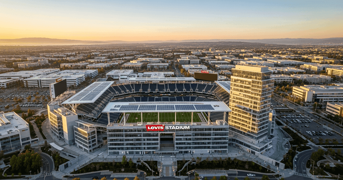 Aerial view of Levi's Stadium in Santa Clara with San Francisco Bay Area skyline
