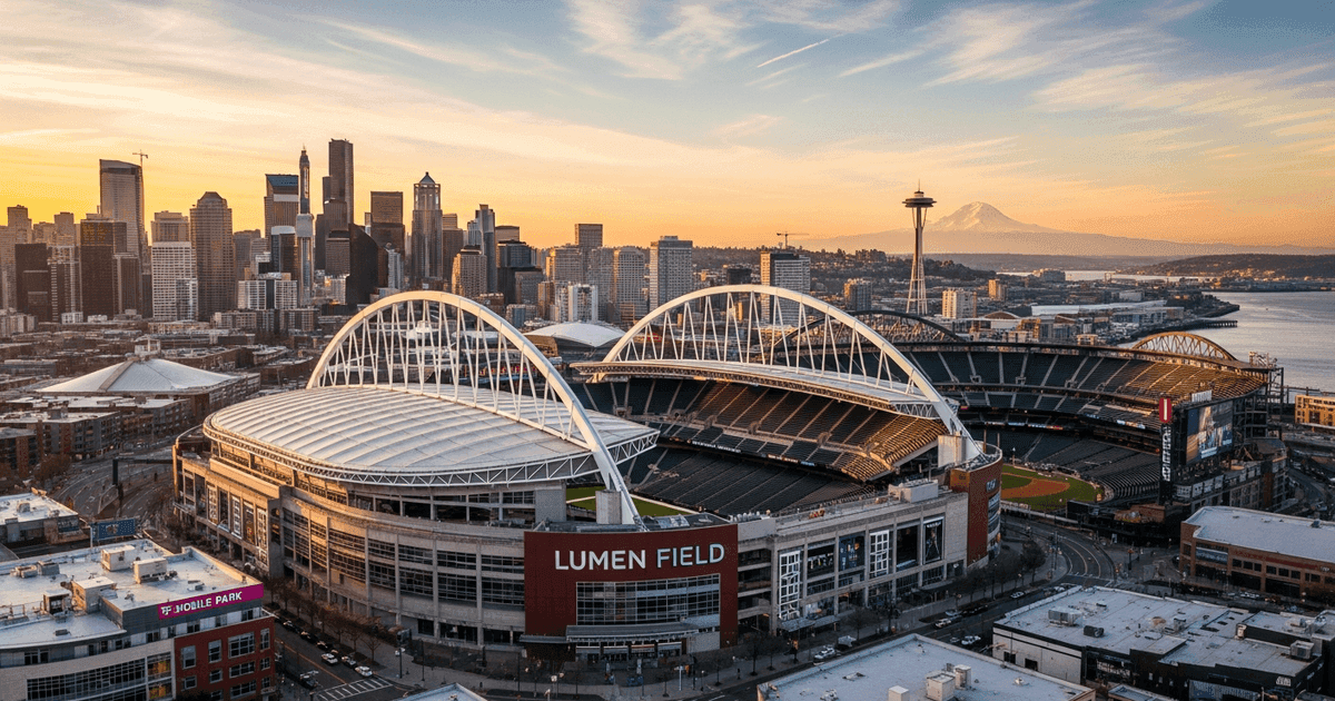 Aerial view of Lumen Field in Seattle with Seattle skyline