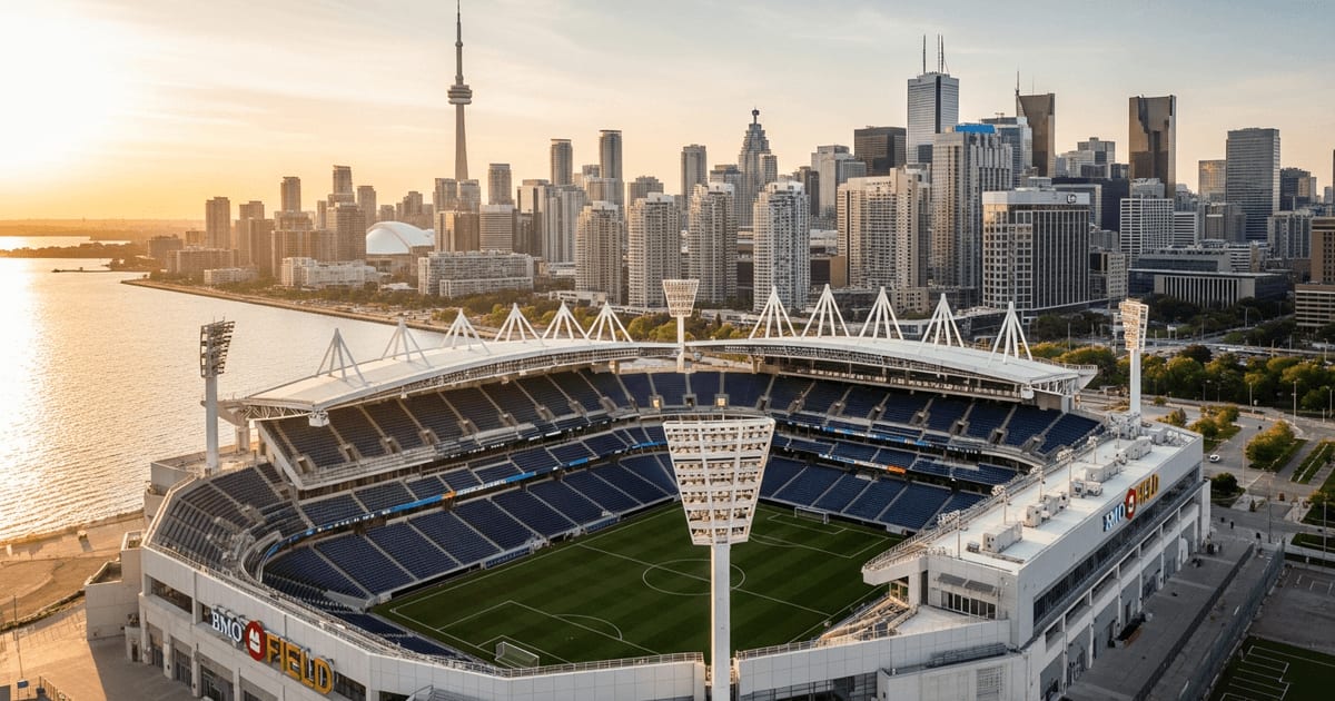Aerial view of BMO Field in Toronto with Toronto skyline