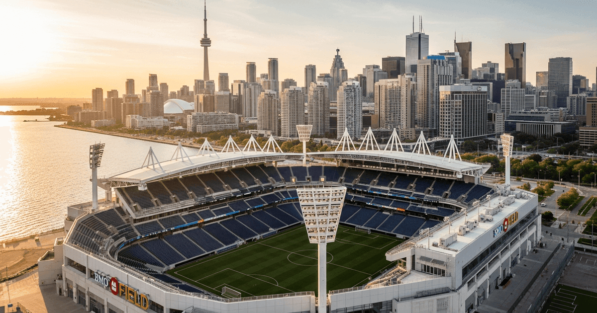 Aerial view of BMO Field in Toronto with Toronto skyline