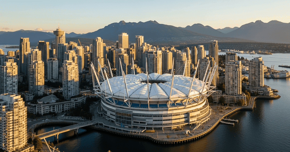 Aerial view of BC Place in Vancouver with Vancouver skyline