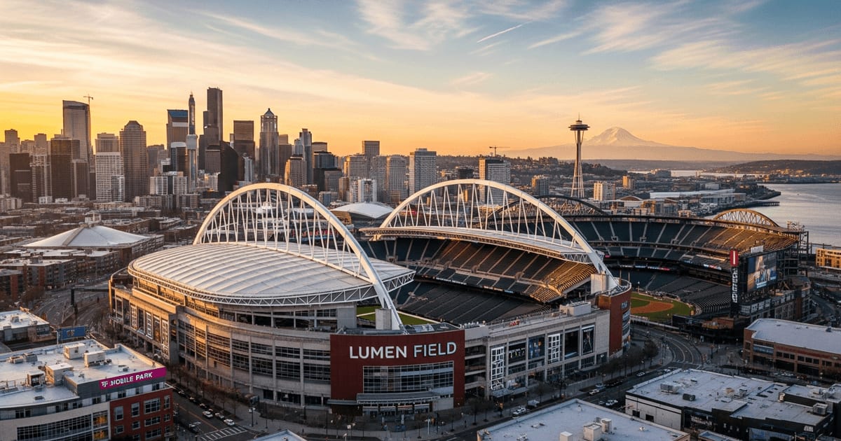 Aerial view of Lumen Field in Seattle with Seattle skyline