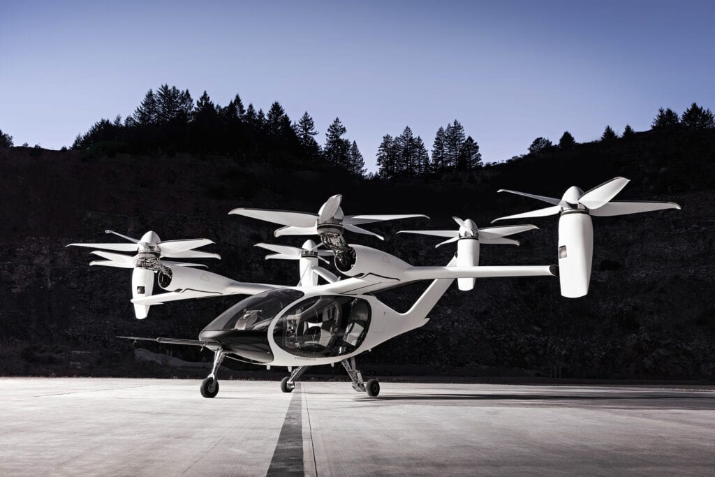 eVTOL aircraft flying over a modern city skyline